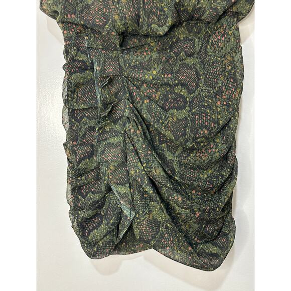 Allsaints Hali Tamora Snake Print Mini Dress Khaki Green Sz 6 NWT Ruffles Lined - Picture 8 of 16